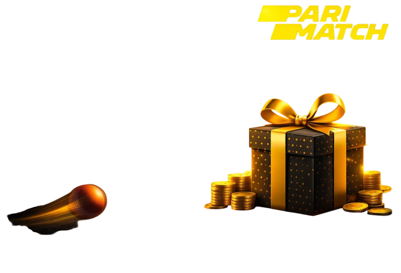 Parimatch bonus gift box with gold coins and cricket ball on dark background