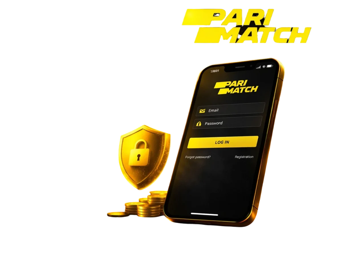 Parimatch login concept with smartphone and security shield on dark background